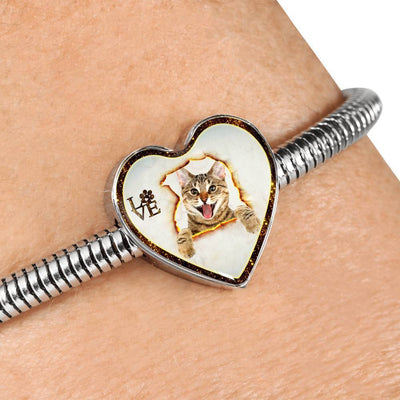 Lovely Bengal Cat Print Heart Charm Steel Bracelet-Free Shipping - Deruj.com