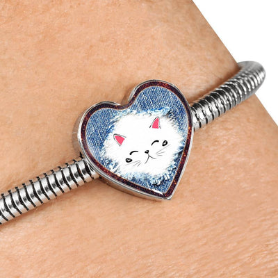 Cute Cat In Denim Print Heart Charm Steel Bracelet-Free Shipping - Deruj.com