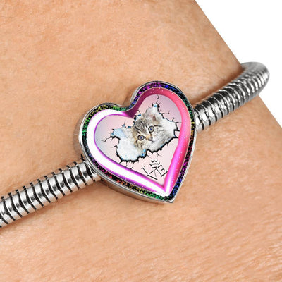 Cute Painted Cat Print Heart Charm Steel Bracelet-Free Shipping - Deruj.com