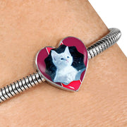 Cute White Kitten Cat Print Heart Charm Steel Bracelet-Free Shipping - Deruj.com