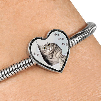 Charming Cat Art Print Heart Charm Steel Bracelet-Free Shipping - Deruj.com