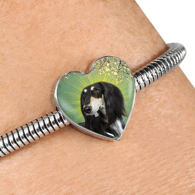 Black Saluki Dog Print Heart Charm Steel Bracelet-Free Shipping - Deruj.com