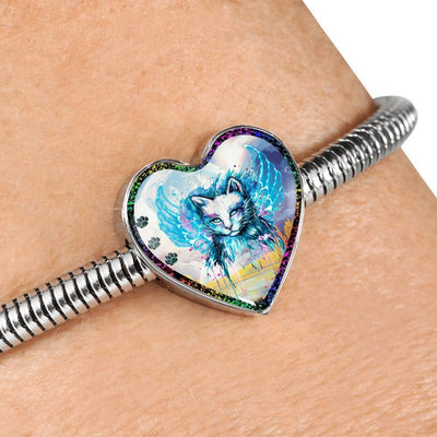 Cat Watercolor Art Print Heart Charm Steel Bracelet-Free Shipping - Deruj.com