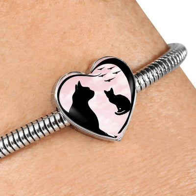 Cat Vector Art Print Heart Charm Steel Bracelet-Free Shipping - Deruj.com