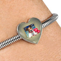 Cute Jack Russell Terrier On Window Print Heart Charm Steel Bracelet-Free Shipping - Deruj.com