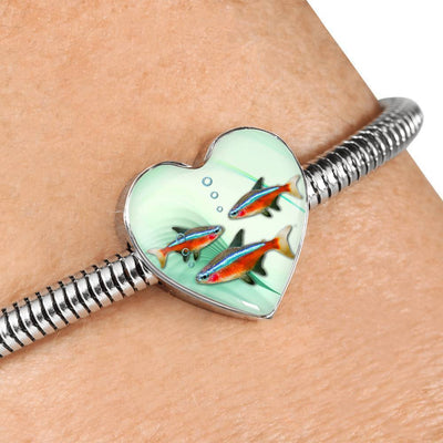 Neon Tetra Fish Print Heart Charm Steel Bracelet-Free Shipping - Deruj.com