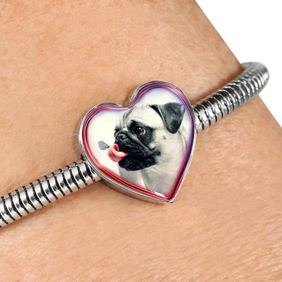 Cute Pug Dog Print Heart Charm Steel Bracelet-Free Shipping - Deruj.com