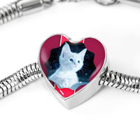 Cute White Kitten Cat Print Heart Charm Steel Bracelet-Free Shipping - Deruj.com