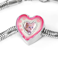 Cute Kitten Print Heart Charm Steel Bracelet-Free Shipping - Deruj.com