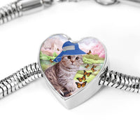 Scottish Fold Cat Print Heart Charm Steel Bracelet-Free Shipping - Deruj.com