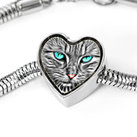 Blue Eyes Cat Print Heart Charm Steel Bracelet-Free Shipping - Deruj.com