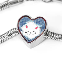 Cute Cat In Denim Print Heart Charm Steel Bracelet-Free Shipping - Deruj.com