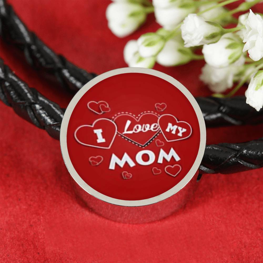 'I Love MY MOM' Red Print Circle Charm Leather Bracelet-Free Shipping - Deruj.com