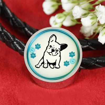 Cute French Bulldog Print Circle Charm Leather Woven Bracelet-Free Shipping - Deruj.com