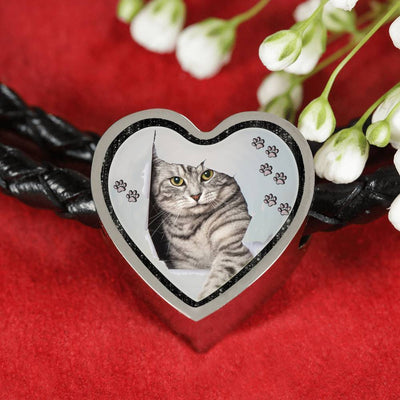 Charming Cat Art Print Heart Charm Leather Woven Bracelet-Free Shipping - Deruj.com