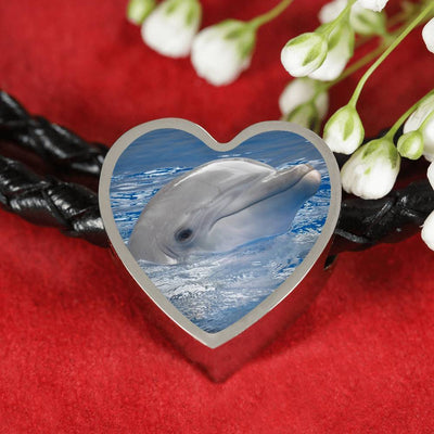 Cute Dolphin Print Heart Charm Leather Bracelet-Free Shipping - Deruj.com