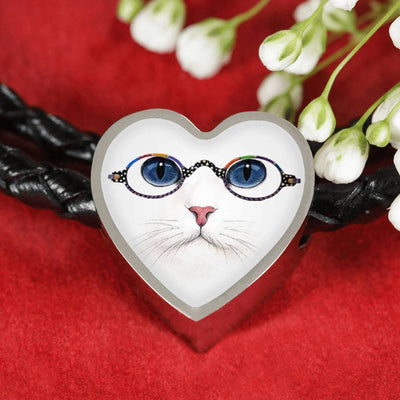 Cute Cat With Glasses Print Heart Charm Leather Bracelet-Free Shipping - Deruj.com