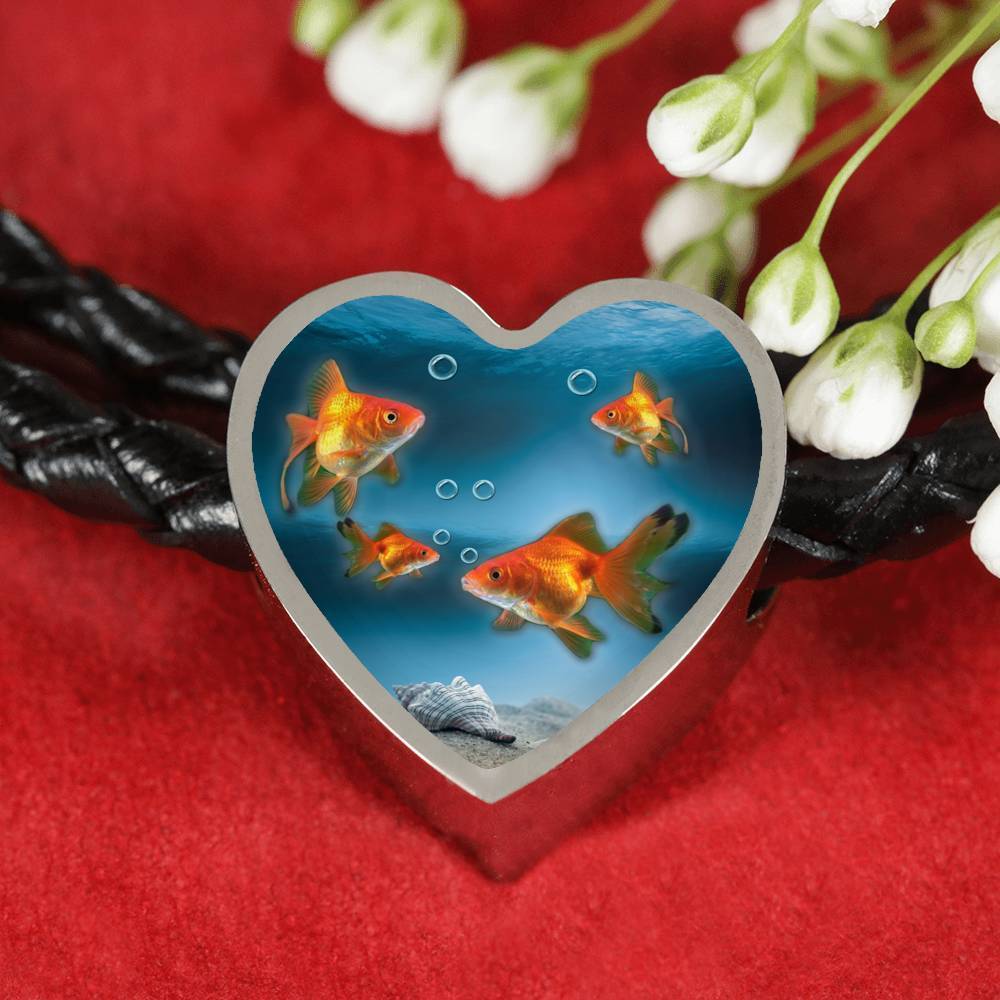 Common Goldfish Print Heart Charm Leather Bracelet-Free Shipping - Deruj.com