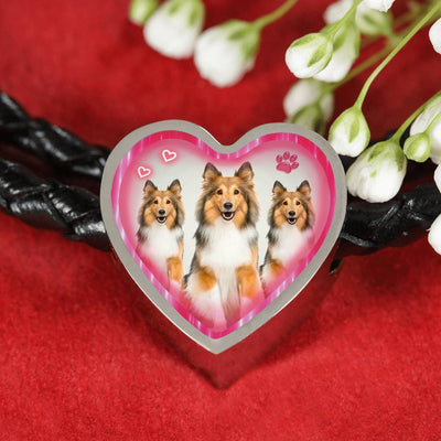 Rough Collie Dog Heart Charm Leather Woven Bracelet-Free Shipping - Deruj.com