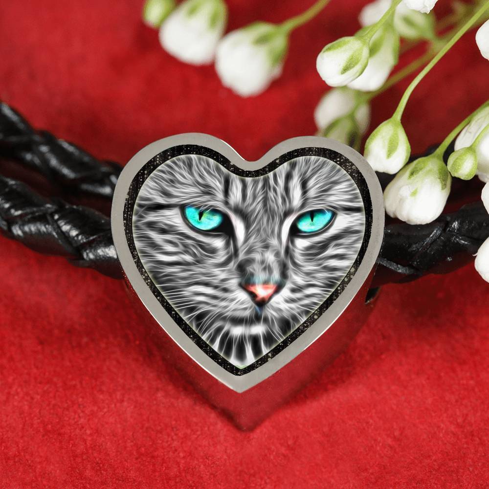 Blue Eyes Cat Print Heart Charm Leather Woven Bracelet-Free Shipping - Deruj.com