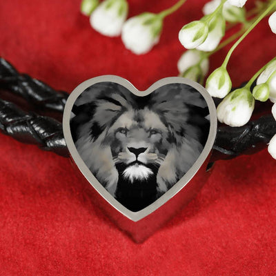 Lion Grey Art Print Heart Charm Leather Woven Bracelet-Free Shipping - Deruj.com