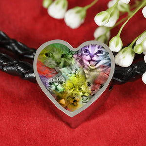 Happy Cats Print Heart Charm Leather Bracelet-Free Shipping - Deruj.com