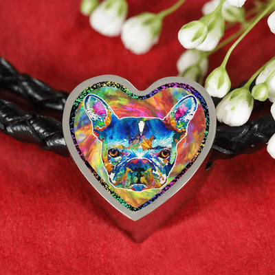Colorful French Bulldog Heart Charm Leather Woven Bracelet-Free Shipping - Deruj.com