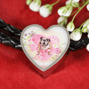 Bulldog Print Heart Charm Leather Bracelet-Free Shipping - Deruj.com