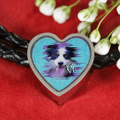 Border Collie Dog Art Print Heart Charm Leather Woven Bracelet-Free Shipping - Deruj.com