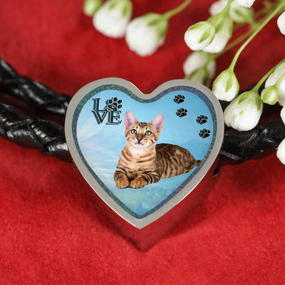 Toyger Cat Print Heart Charm Leather Woven Bracelet-Free Shipping - Deruj.com
