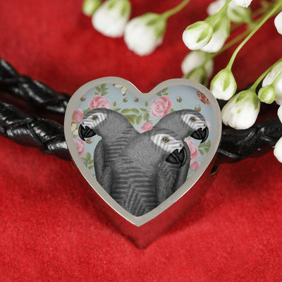 African Grey Parrot Print Heart Charm Leather Bracelet-Free Shipping - Deruj.com