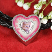 Cute Kitten Print Heart Charm Leather Woven Bracelet-Free Shipping - Deruj.com
