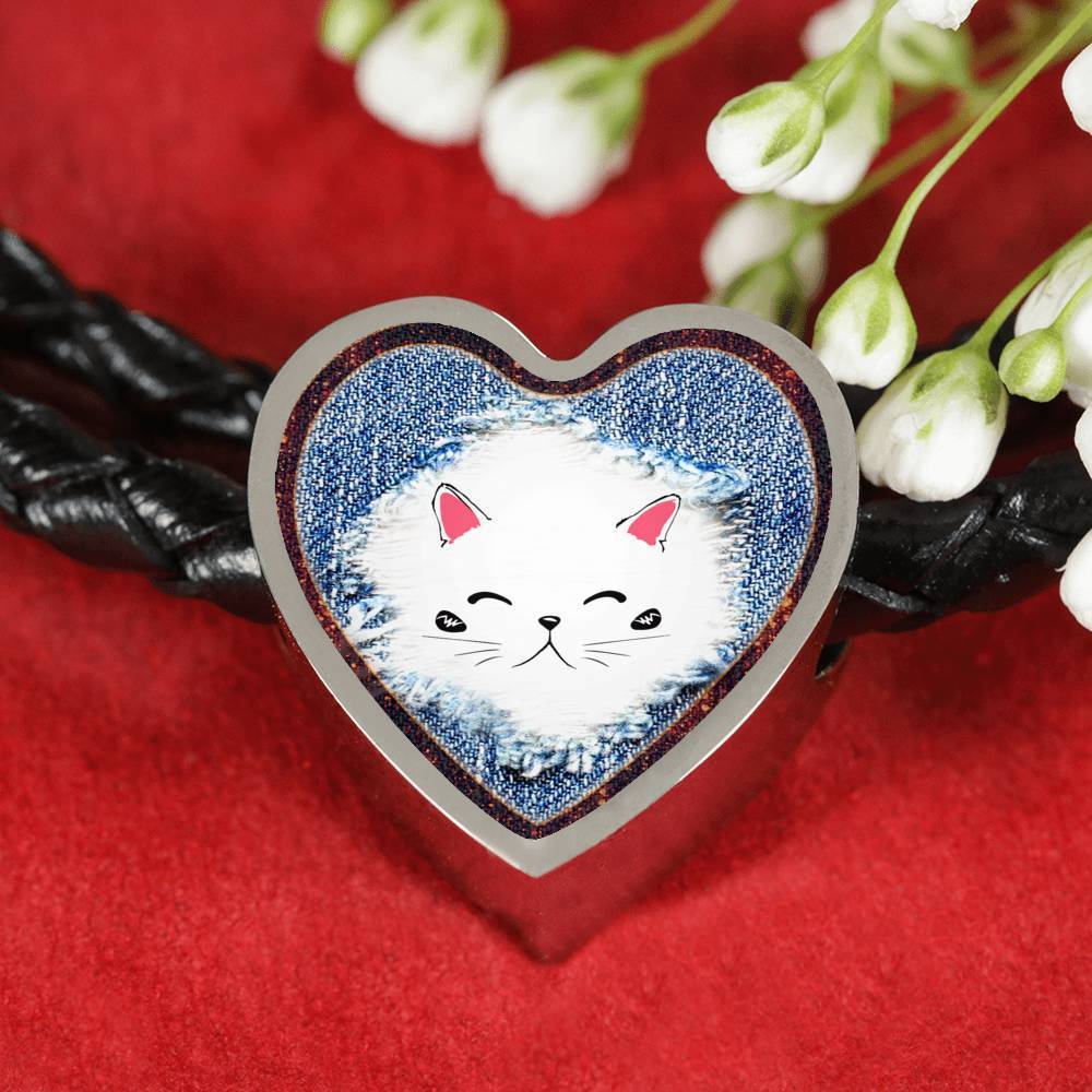 Cute Cat In Denim Print Heart Charm Leather Woven Bracelet-Free Shipping - Deruj.com