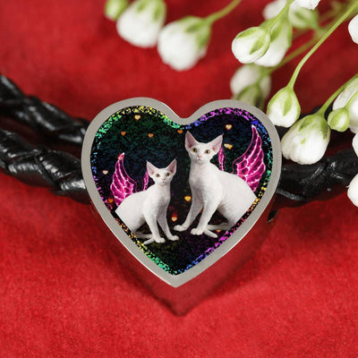 Devon Rex Cat Print Heart Charm Leather Woven Bracelet-Free Shipping - Deruj.com