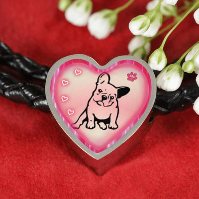 Cute French Bulldog Print Heart Charm Leather Woven Bracelet-Free Shipping - Deruj.com