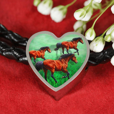 Arabian Horse Art Print Heart Charm Leather Woven Bracelet-Free Shipping - Deruj.com