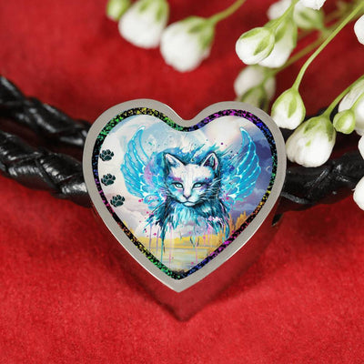 Cat Watercolor Art Print Heart Charm Leather Woven Bracelet-Free Shipping - Deruj.com