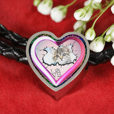 Cute Painted Cat Print Heart Charm Leather Woven Bracelet-Free Shipping - Deruj.com