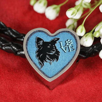 Papillon Dog On Denim Print Heart Charm Leather Woven Bracelet-Free Shipping - Deruj.com