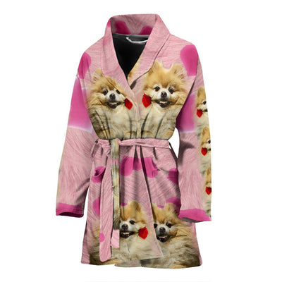 Pomeranian On Pink Print Women's Bath Robe-Free Shipping - Deruj.com