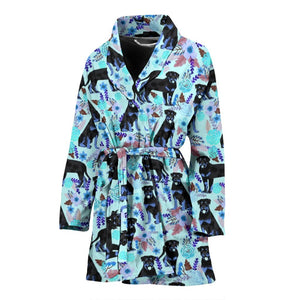 Rottweiler Dog Blue Floral Print Women's Bath Robe-Free Shipping - Deruj.com