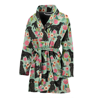 Flat-Coated Retriever Dog Floral Print Women's Bath Robe-Free Shipping - Deruj.com