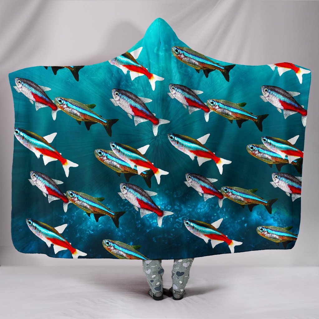 Neon Tetra Fish Print Hooded Blanket-Free Shipping - Deruj.com