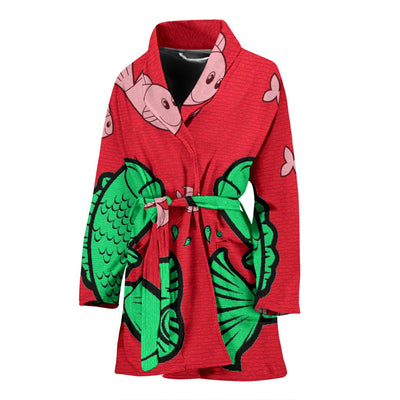 Fish Print On Red Women's Bath Robe-Free Shipping - Deruj.com