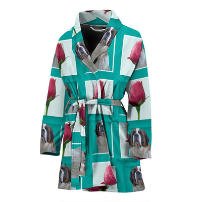 Saint Bernard Dog With Rose Patterns Print Women's Bath Robe-Free Shipping - Deruj.com