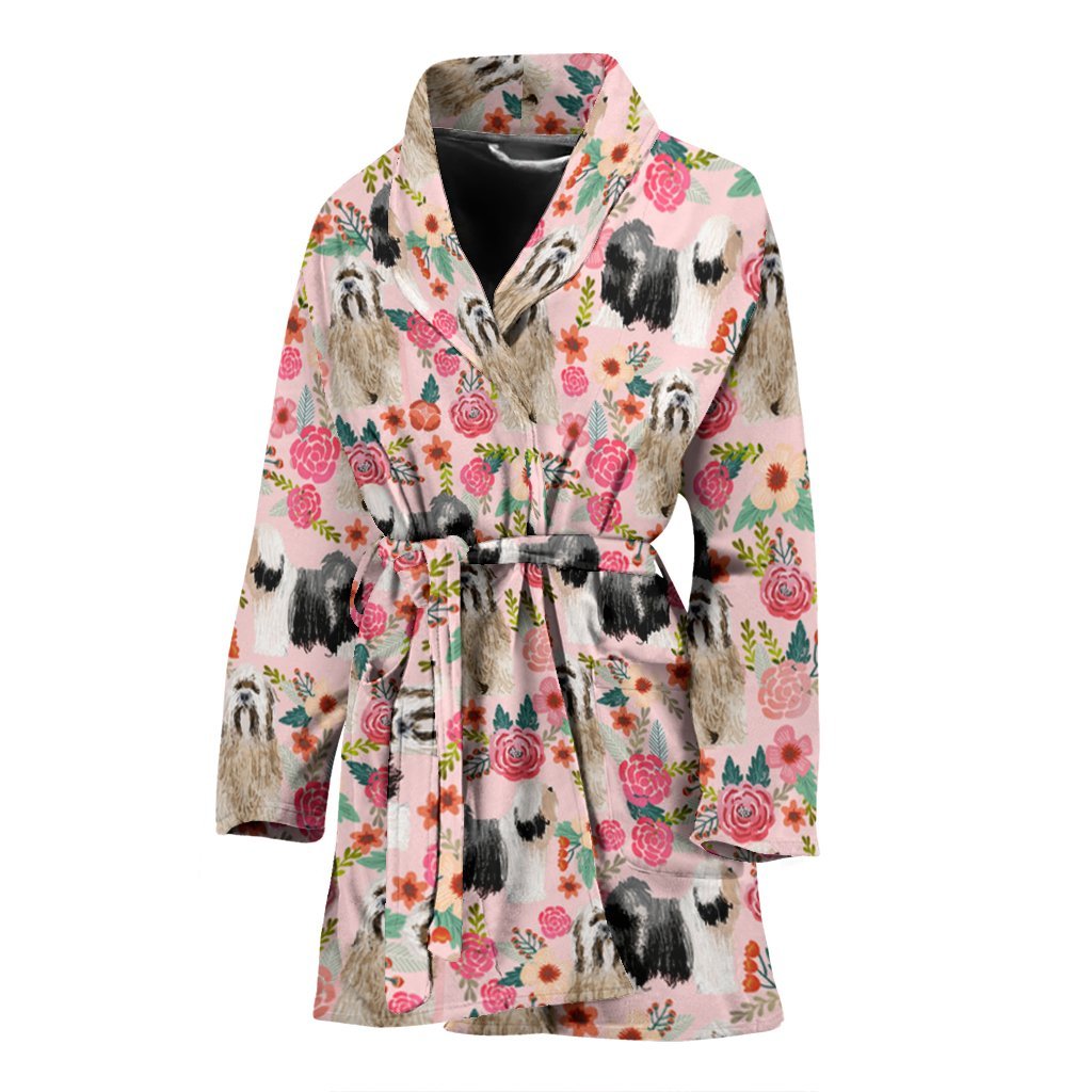 Tibetan Terrier Dog Floral Print Women's Bath Robe-Free Shipping - Deruj.com