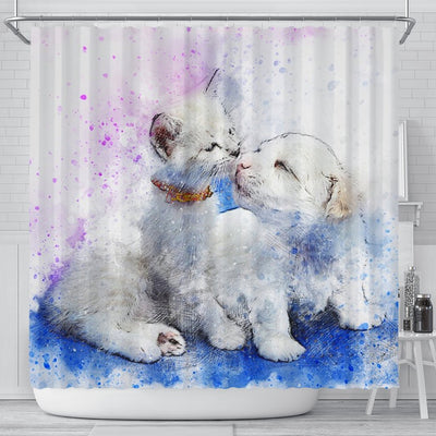 Cute Cat And Dog Love Watercolor Art Print Shower Curtains-Free Shipping - Deruj.com