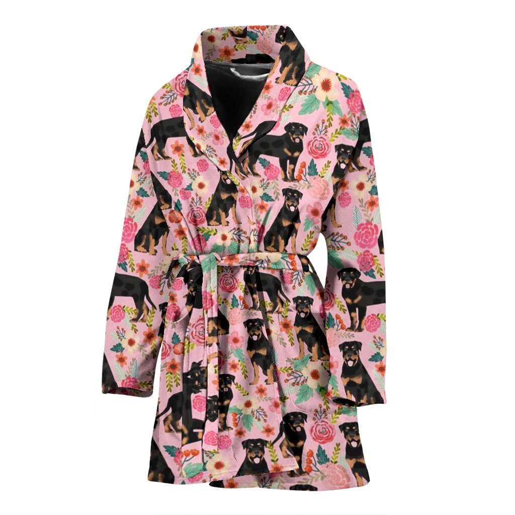 Rottweiler Dog Pink Floral Print Women's Bath Robe-Free Shipping - Deruj.com