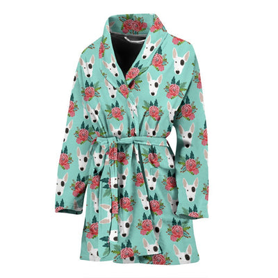 Bull Terrier Dog Floral Print Women's Bath Robe-Free Shipping - Deruj.com