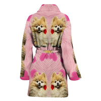 Pomeranian On Pink Print Women's Bath Robe-Free Shipping - Deruj.com